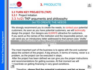 TechnicalTeachingEquipment
www.edibon.com
3. PRODUCTS
3.3 TURN KEY PROJECTS (TKP)
3.3.1 Project Initiation
3.3.1c/2) TKP arguments and philosophy
We strongly recommend you to create the needs, to contact your potential
customers. As soon as you have potential customers, we will technically
design the project. Our designs are ALWAYS attractive for customers.
If you send us the names of the institution and the responsible person, we
can send you an introductory letter addressed to that person.(see “drafts”
attached).
The most important part of the business is to agree with the end customer
about the content of the project. A big amount, in terms of money, never is a
problem, as the project can be executed in steps.
After the project has been defined we can give you the proper instructions
and recommendations for getting success. At that moment we will
concentrate on getting financing in very good conditions.
3rd TO CREATE THE NEEDS
4th TO AGREE ON THE PROJECT CONTENT WITH
CUSTOMER
 