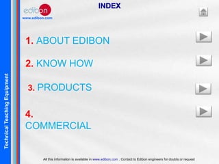 TechnicalTeachingEquipment
www.edibon.com
4.
COMMERCIAL
1. ABOUT EDIBON
2. KNOW HOW
3. PRODUCTS
INDEX
All this information is available in www.edibon.com . Contact to Edibon engineers for doubts or request
 