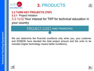 TechnicalTeachingEquipment
www.edibon.com
3. PRODUCTS
3.3 TURN KEY PROJECTS (TKP)
3.3.1 Project Initiation
3.3.1c/3) Your interest for TKP for technical education in
your country
We can determine the financial conditions only when you, your customer
and EDIBON have decided the total project amount and the units to be
included (higher technology means better conditions).
PROJECT COST AND FINANCING
 