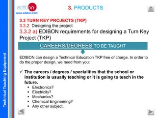 TechnicalTeachingEquipment
www.edibon.com
3. PRODUCTS
3.3 TURN KEY PROJECTS (TKP)
3.3.2 Designing the project
3.3.2 a) EDIBON requirements for designing a Turn Key
Project (TKP)
EDIBON can design a Technical Education TKP free of charge. In order to
do the proper design, we need from you:
 The careers / degrees / specialities that the school or
institution is usually teaching or it is going to teach in the
future.
 Electronics?
 Electricity?
 Mechanics?
 Chemical Engineering?
 Any other subject.
CAREERS/DEGREES TO BE TAUGHT
 