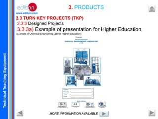 TechnicalTeachingEquipment
www.edibon.com
3.3 TURN KEY PROJECTS (TKP)
3.3.3 Designed Projects
3.3.3a) Example of presentation for Higher Education:
(Example of Chemical Engineering Lab for Higher Education)
3. PRODUCTS
MORE INFORMATION AVAILABLE
 