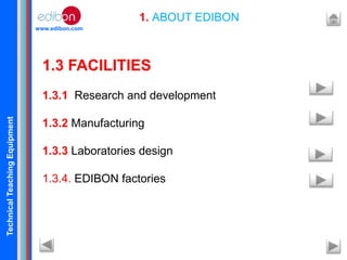 TechnicalTeachingEquipment
www.edibon.com
1. ABOUT EDIBON
1.3 FACILITIES
1.3.1 Research and development
1.3.2 Manufacturing
1.3.3 Laboratories design
1.3.4. EDIBON factories
 