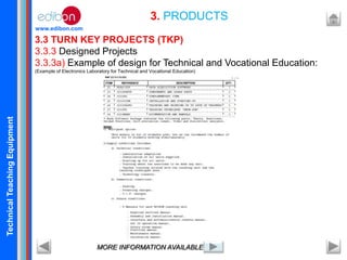 TechnicalTeachingEquipment
www.edibon.com
3.3 TURN KEY PROJECTS (TKP)
3.3.3 Designed Projects
3.3.3a) Example of design for Technical and Vocational Education:
(Example of Electronics Laboratory for Technical and Vocational Education)
3. PRODUCTS
MORE INFORMATION AVAILABLE
 