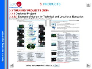 TechnicalTeachingEquipment
www.edibon.com
3.3 TURN KEY PROJECTS (TKP)
3.3.3 Designed Projects
3.3.3a) Example of design for Technical and Vocational Education:
(Example of Electronics Laboratory for Technical and Vocational Education)
3. PRODUCTS
MORE INFORMATION AVAILABLE
 
