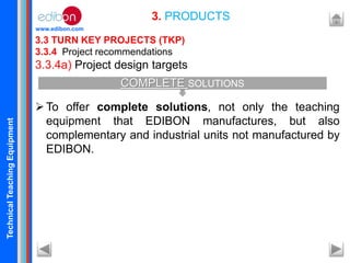 TechnicalTeachingEquipment
www.edibon.com
3.3 TURN KEY PROJECTS (TKP)
3.3.4 Project recommendations
3.3.4a) Project design targets
To offer complete solutions, not only the teaching
equipment that EDIBON manufactures, but also
complementary and industrial units not manufactured by
EDIBON.
3. PRODUCTS
COMPLETE SOLUTIONS
 