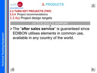 TechnicalTeachingEquipment
www.edibon.com
3.3 TURN KEY PROJECTS (TKP)
3.3.4 Project recommendations
3.3.4a) Project design targets
The “after sales service” is guaranteed since
EDIBON utilises elements in common use,
available in any country of the world.
3. PRODUCTS
AFTER SALES SUPPORT
 