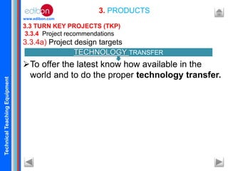 TechnicalTeachingEquipment
www.edibon.com
3.3 TURN KEY PROJECTS (TKP)
3.3.4 Project recommendations
3.3.4a) Project design targets
To offer the latest know how available in the
world and to do the proper technology transfer.
3. PRODUCTS
TECHNOLOGY TRANSFER
 