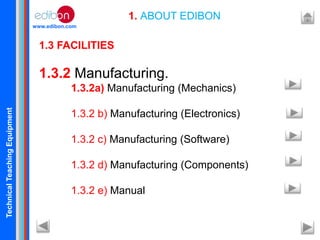 TechnicalTeachingEquipment
www.edibon.com
1. ABOUT EDIBON
1.3 FACILITIES
1.3.2 Manufacturing.
1.3.2a) Manufacturing (Mechanics)
1.3.2 b) Manufacturing (Electronics)
1.3.2 c) Manufacturing (Software)
1.3.2 d) Manufacturing (Components)
1.3.2 e) Manual
 