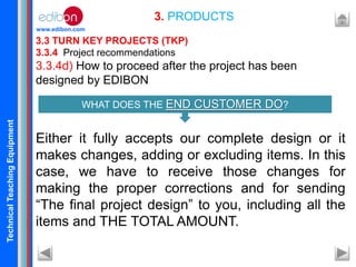 TechnicalTeachingEquipment
www.edibon.com
3.3 TURN KEY PROJECTS (TKP)
3.3.4 Project recommendations
3.3.4d) How to proceed after the project has been
designed by EDIBON
Either it fully accepts our complete design or it
makes changes, adding or excluding items. In this
case, we have to receive those changes for
making the proper corrections and for sending
“The final project design” to you, including all the
items and THE TOTAL AMOUNT.
3. PRODUCTS
WHAT DOES THE END CUSTOMER DO?
 