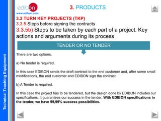 TechnicalTeachingEquipment
www.edibon.com
3.3 TURN KEY PROJECTS (TKP)
3.3.5 Steps before signing the contracts
3.3.5b) Steps to be taken by each part of a project. Key
actions and arguments during its process
There are two options.
a) No tender is required.
In this case EDIBON sends the draft contract to the end customer and, after some small
modifications, the end customer and EDIBON sign the contract.
b) A Tender is required.
In this case the project has to be tendered, but the design done by EDIBON includes our
specifications. It guarantees our success in the tender. With EDIBON specifications in
the tender, we have 99,99% success possibilities.
3. PRODUCTS
TENDER OR NO TENDER
 