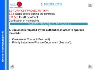 TechnicalTeachingEquipment
www.edibon.com
3.3 TURN KEY PROJECTS (TKP)
3.3.5 Steps before signing the contracts
3.3.5c) Draft contract
Clarification of main points
5. Documents required by the authorities in order to approve
the credit.
• Commercial Contract (See draft).
• Priority Letter from Finance Department (See draft).
3. PRODUCTS
PRELIMINARY DOCUMENTATION REQUIRED
 