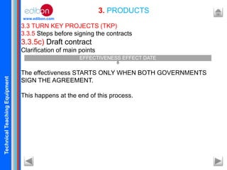 TechnicalTeachingEquipment
www.edibon.com
3.3 TURN KEY PROJECTS (TKP)
3.3.5 Steps before signing the contracts
3.3.5c) Draft contract
Clarification of main points
The effectiveness STARTS ONLY WHEN BOTH GOVERNMENTS
SIGN THE AGREEMENT.
This happens at the end of this process.
3. PRODUCTS
EFFECTIVENESS EFFECT DATE
 