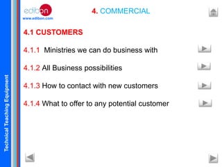 TechnicalTeachingEquipment
www.edibon.com
4. COMMERCIAL
4.1 CUSTOMERS
4.1.1 Ministries we can do business with
4.1.2 All Business possibilities
4.1.3 How to contact with new customers
4.1.4 What to offer to any potential customer
 