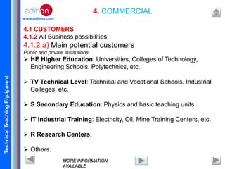 TechnicalTeachingEquipment
www.edibon.com
4. COMMERCIAL
4.1 CUSTOMERS
4.1.2 All Business possibilities
4.1.2 a) Main potential customers
Public and private institutions.
 HE Higher Education: Universities, Colleges of Technology,
Engineering Schools, Polytechnics, etc.
 TV Technical Level: Technical and Vocational Schools, Industrial
Colleges, etc.
 S Secondary Education: Physics and basic teaching units.
 IT Industrial Training: Electricity, Oil, Mine Training Centers, etc.
 R Research Centers.
 Others.
MORE INFORMATION
AVAILABLE
 