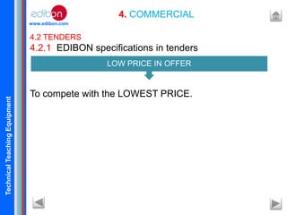 TechnicalTeachingEquipment
www.edibon.com
4. COMMERCIAL
4.2 TENDERS
4.2.1 EDIBON specifications in tenders
To compete with the LOWEST PRICE.
LOW PRICE IN OFFER
 