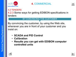 TechnicalTeachingEquipment
www.edibon.com
4. COMMERCIAL
4.2 TENDERS
4.2.3 Some ways for getting EDIBON specifications in
tenders
By convincing the customer, by using the Web site,
whenever you are in front of your customer and you
insist on:
• SCADA and PID Control
• Calibration
• Results you can get with EDIBON computer
controlled units
BY CONVINCING THE CUSTOMER
 