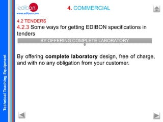 TechnicalTeachingEquipment
www.edibon.com
4. COMMERCIAL
4.2 TENDERS
4.2.3 Some ways for getting EDIBON specifications in
tenders
By offering complete laboratory design, free of charge,
and with no any obligation from your customer.
BY OFFERING COMPLETE LABORATORY
 