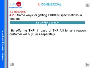TechnicalTeachingEquipment
www.edibon.com
4. COMMERCIAL
4.2 TENDERS
4.2.3 Some ways for getting EDIBON specifications in
tenders
By offering TKP. In case of TKP fail for any reason,
customer will buy units separately.
BY OFFERING TKP
 