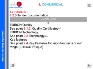 TechnicalTeachingEquipment
www.edibon.com
4. COMMERCIAL
4.2 TENDERS
4.2.5 Tender documentation
EDIBON Quality
See point 2.1.2. Quality Certificates
EDIBON Technology
See point 2.2 Technology
Key features
See point 2.4 Key Features for important units of our
range (EDIBON Unique)
KNOW HOW
 