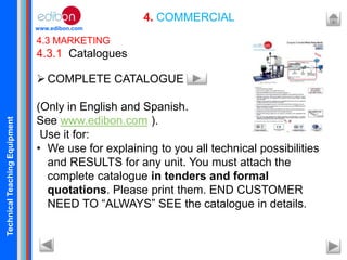 TechnicalTeachingEquipment
www.edibon.com
4. COMMERCIAL
4.3 MARKETING
4.3.1 Catalogues
COMPLETE CATALOGUE
(Only in English and Spanish.
See www.edibon.com ).
Use it for:
• We use for explaining to you all technical possibilities
and RESULTS for any unit. You must attach the
complete catalogue in tenders and formal
quotations. Please print them. END CUSTOMER
NEED TO “ALWAYS” SEE the catalogue in details.
 