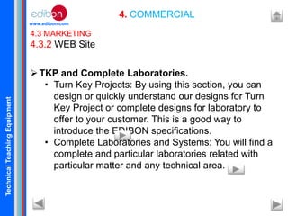 TechnicalTeachingEquipment
www.edibon.com
4. COMMERCIAL
4.3 MARKETING
4.3.2 WEB Site
TKP and Complete Laboratories.
• Turn Key Projects: By using this section, you can
design or quickly understand our designs for Turn
Key Project or complete designs for laboratory to
offer to your customer. This is a good way to
introduce the EDIBON specifications.
• Complete Laboratories and Systems: You will find a
complete and particular laboratories related with
particular matter and any technical area.
 