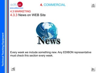 TechnicalTeachingEquipment
www.edibon.com
4. COMMERCIAL
4.3 MARKETING
4.3.3 News on WEB Site
Every week we include something new. Any EDIBON representative
must check this section every week.
 