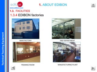 TechnicalTeachingEquipment
www.edibon.com
1.3. FACILITIES
1. ABOUT EDIBON
MAIN FACTORY R&D DEPARTMENT
1.3.4 EDIBON factories
TRAINING ROOM MANUFACTURING PLANT
 