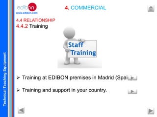 TechnicalTeachingEquipment
www.edibon.com
4. COMMERCIAL
4.4 RELATIONSHIP
4.4.2 Training
 Training at EDIBON premises in Madrid (Spain).
 Training and support in your country.
 