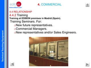 TechnicalTeachingEquipment
www.edibon.com
4. COMMERCIAL
4.4 RELATIONSHIP
4.4.2 Training
Training at EDIBON premises in Madrid (Spain).
Training Seminars. For:
oNew future representatives.
oCommercial Managers.
oNew representatives and/or Sales Engineers.
 