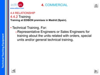 TechnicalTeachingEquipment
www.edibon.com
4. COMMERCIAL
4.4 RELATIONSHIP
4.4.2 Training
Training at EDIBON premises in Madrid (Spain).
• Technical Training. For:
oRepresentative Engineers or Sales Engineers for
training about the units related with orders, special
units and/or general technical training.
 