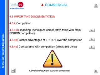 TechnicalTeachingEquipment
www.edibon.com
4. COMMERCIAL
4.5 IMPORTANT DOCUMENTATION
4.5.4 Competition
4.5.4 a) Teaching Techniques comparative table with main
EDIBON competitors
4.5.4b) Global advantages of EDIBON over the competition
4.5.4c) Comparative with competition (areas and units)
Complete document available on request.
 