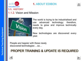 TechnicalTeachingEquipment
www.edibon.com
1.1. HISTORY
1. ABOUT EDIBON
1.1.2. Vision and Mission
The world is trying to be industrialised and
use advanced technology; therefore,
needs to grow and improve technically
every day.
New technologies are discovered every
year.
People are happier with these newly
discovered technologies …so…
 