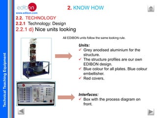TechnicalTeachingEquipment
www.edibon.com
2.2. TECHNOLOGY
2. KNOW HOW
2.2.1 Technology: Design
2.2.1 d) Nice units looking
All EDIBON units follow the same looking rule.
Units:
 Grey anodised aluminium for the
structure.
 The structure profiles are our own
EDIBON design.
 Blue colour for all plates. Blue colour
embellisher.
 Red covers.
Interfaces:
 Box with the process diagram on
front.
 