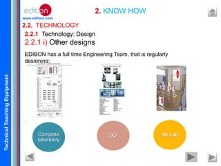 TechnicalTeachingEquipment
www.edibon.com
2.2. TECHNOLOGY
2. KNOW HOW
2.2.1 Technology: Design
2.2.1 i) Other designs
EDIBON has a full time Engineering Team, that is regularly
designing:
.
Complete
laboratory
TKP 3D Lab
 