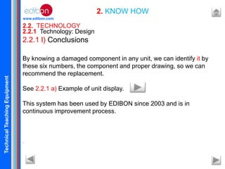 TechnicalTeachingEquipment
www.edibon.com
2.2. TECHNOLOGY
2. KNOW HOW
2.2.1 Technology: Design
2.2.1 l) Conclusions
By knowing a damaged component in any unit, we can identify it by
these six numbers, the component and proper drawing, so we can
recommend the replacement.
See 2.2.1 a) Example of unit display.
This system has been used by EDIBON since 2003 and is in
continuous improvement process.
.
 