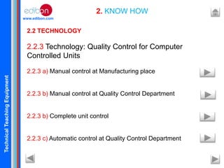 TechnicalTeachingEquipment
www.edibon.com
2. KNOW HOW
2.2 TECHNOLOGY
2.2.3 Technology: Quality Control for Computer
Controlled Units
2.2.3 a) Manual control at Manufacturing place
2.2.3 b) Manual control at Quality Control Department
2.2.3 b) Complete unit control
2.2.3 c) Automatic control at Quality Control Department
 