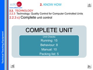 TechnicalTeachingEquipment
www.edibon.com
2.2. TECHNOLOGY
2. KNOW HOW
2.2.3 Technology: Quality Control for Computer Controlled Units
2.2.3 c) Complete unit control
.
COMPLETE UNIT
Unit Checks
Running: 15
Behaviour: 8
Manual: 10
Packing list: 5
 