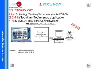 TechnicalTeachingEquipment
www.edibon.com
2.2. TECHNOLOGY
2. KNOW HOW
2.2.4 Technology: Teaching Techniques used by EDIBON
2.2.4 b) Teaching Techniques application
* RTC EDIBON Real Time Control System
.
Used for: -Advanced Electronics.
-All units using SCADA.
 