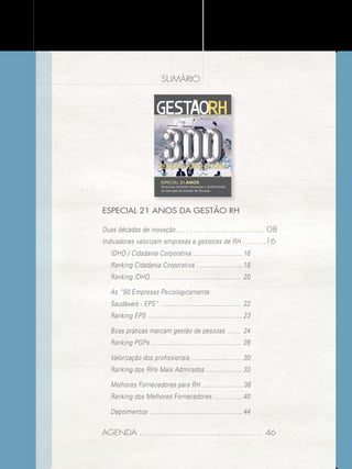 sumário

~
Nº 04

Assinatura Anual R$156
Exemplar Avulso R$26

Edição 105 - Novembro/Dezembro 2012 - Especial 21 anos Gestão RH / GUIA DE SERVIÇOS PARA RH 2012/2013

Ano XIX - Novembro/Dezembro 2012

Edição 105

www.gestaoerh.com.br

MELHORES FORNECEDORES
ESPECIAL 21 ANOS

Pesquisas norteiam empresas e profissionais
no mercado de Gestão de Pessoas

CAPA2012.indd 3

6/12/2012 12:49:02

especial 21 anos da gestão rh
Duas décadas de inovação ................................... 08
Indicadores valorizam empresas e gestores de RH .........16
IDHO / Cidadania Corporativa ...........................	16
Ranking Cidadania Corporativa .........................	18
Ranking IDHO .................................................	 20
As “50 Empresas Psicologicamente
Saudáveis - EPS” ............................................	 22
Ranking EPS ....................................................	23
Boas práticas marcam gestão de pessoas .......	 24
Ranking PGPs .................................................	 26
Valorização dos profissionais ............................	30
Ranking dos RHs Mais Admirados ...................	 33
Melhores Fornecedores para RH .......................	 8
3
Ranking dos Melhores Fornecedores ................	4 0
Depoimentos ...................................................	44

agenda ................................................ 	46

 