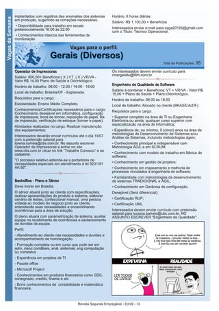 Revista Segunda Empregável - Ed 09 - 13
VagasdaSemana
OOppeerraaddoorr ddee IImmpprreessssoorraass
Salário: 800,00+ Benefícios:( X ) VT ( X ) VR/VA -
Valor:R$ 14,00 Plano de Saúde e Odontológico;
Horário de trabalho: 08:00 - 12:00 / 14:00 - 18:00
Local de trabalho: Brasília/DF - Esplanada.
Requisitos para o cargo:
Escolaridade: Ensino Médio Completo;
Conhecimentos/Certificações necessários para o cargo:
Conhecimento desejável em informática, configuração
de impressora, troca de tonner, reposição de papel, fila
de impressão, verificação de estoque (tonner e papel).
Atividades realizadas no cargo: Realizar manutenção
dos equipamentos;
Interessados deverão enviar currículos até o dia 19/07
com a pretensão salarial para
lorena.correia@ctis.com.br. No assunto escrever
Operador de Impressoras e entrar no site
www.ctis.com.br clicar no link “Trabalhe Conosco” e se
cadastrar.
"O processo seletivo estende-se a portadores de
necessidades especiais em atendimento à lei 8231/91
Art.92".
BBaacckkooffffiiccee -- PPlleennoo ee SSêênniioorr
Deve morar em Brasilia.
O sênior atuará junto ao cliente com especificações,
realizar apresentações do produto e sistema, elaborar
cenário de testes, confeccionar manual, uma pessoa
voltada ao modelo do negocio junto ao cliente,
entendendo suas necessidades e encaminhando
ocorrências para a área de solução.
O pleno atuará com parametrização de sistema, auxiliar
equipe no recebimento de ocorrências e esclarecimento
de duvidas da equipe.
Perfil:
- Atendimento ao cliente nas necessidades e duvidas e
acompanhamento de homologação.
- Formação completa ou em curso que pode ser em
adm, cienc contábeis, anal. sistemas, eng computação
ou correlatos
- Experiência em projetos de TI
- Pacote office
- Microsoft Project
- Conhecimentos em produtos financeiros como CDC,
consignado, credito, finame e etc
- Bons conhecimentos de contabilidade e matemática
financeira.
Os interessados devem enviar curriculo para
rmargarido@fitrh.com.br
EEnnggeennhheeiirroo ddee QQuuaalliiddaaddee ddee SSooffttwwaarree
Salário à combinar + Benefícios: VT + VR/VA - Valor:R$
15,00 + Plano de Saúde + Plano Odontológico.
Horário de trabalho: 08:00 às 18:00
Local de trabalho: Alocado no cliente (BRASÍLIA/DF)
Requisitos para o cargo:
• Superior completo na área de TI ou Engenharia
Eletrônica ou ainda, qualquer curso superior com
especialização na área de Informática;
• Experiência de, no mínimo, 5 (cinco) anos na área de
metodologias de Desenvolvimento de Sistemas e/ou
Análise de Sistemas, incluindo metodologias ágeis;
• Conhecimento principal e indispensável com
Metodologia ÁGIL e em SCRUM;
• Conhecimento com modelo de trabalho em fábrica de
software;
• Conhecimento em gestão de projetos;
• Conhecimento em mapeamento e melhoria de
processos vinculados à engenharia de software;
• Familiaridade com metodologias de desenvolvimento
de sistemas TRADICIONAL e ÁGIL;
• Conhecimento em Gerência de configuração.
Desejável (Será diferencial):
• Certificação RUP;
• Certificação UML
Interessados devem enviar currículo com pretensão
salarial para luciana.barreto@ctis.com.br. NO
ASSUNTO ESCREVER "Engenheiro de Qualidade".
Vagas para o perfil:
GGeerraaiiss ((DDiivveerrssooss)) Total de Publicações: 05
implantados com registros das anomalias dos sistemas
em produção, sugerindo as correções necessárias.
• Disponibilidade para trabalho em escala
preferencialmente 16:00 às 22:00
• Conhecimentos básicos das ferramentas de
monitoração.
Horário: 6 horas diárias
Salário: R$ 1.100,00 + Benefícios
Interessados enviar e-mail para vaga2012ti@gmail.com
com o Titulo: Técnico Operacional.
 