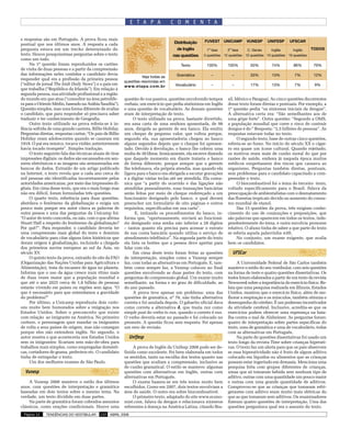 E T A P A              C O M E N T A

e respostas são em Português. A prova ficou mais                                                     FUVEST       UNICAMP     VUNESP     UNIFESP     UFSCAR
pontual que nos últimos anos. A resposta a cada                                      Distribuição
pergunta estava em um trecho determinado do                                           de Inglês       1ª fase    2ª fase    C. Gerais     Inglês        Inglês     TODOS
texto. Houve pouquíssimas perguntas sobre o texto                                   nas questões    5 questões 12 questões 12 questões 15 questões   10 questões
como um todo.
     Na 1ª questão foram reproduzidos os cartões                                        Texto         100%         100%        50%         74%          86%         79%
de visita de duas pessoas e a partir da compreensão
das informações neles contidas o candidato devia                                      Gramática         –            –         33%         13%          7%          12%
                                                                    Veja todas as
responder qual era a profissão da primeira pessoa
                                                          questões resolvidas em
(“editor de jornal The Irish Daily News”) e o país em                                Vocabulário        –            –         17%         13%          7%          9%
                                                          www.etapa.com.br
que trabalha (“República da Irlanda”). Em relação à
segunda pessoa, sua atividade profissional e a região
do mundo em que atua (“consultor na área petrolífe-       questão de voz passiva, questões envolvendo tempos       sil, México e Paraguai. As cinco questões decorrentes
ra para o Oriente Médio, baseado na Arábia Saudita”).     verbais, um exercício que pedia sinônimos em Inglês      desse texto foram diretas e pontuais. Por exemplo, a
Questão simples, mas uma forma diferente de avaliar       e uma questão de vocabulário. As demais questões         1ª questão pedia “os sintomas iniciais da dengue”.
o candidato, que para responder só precisava saber        eram de interpretação de texto.                          A alternativa certa era: “São semelhantes aos de
traduzir e ter conhecimento de Geografia.                      O texto utilizado na prova, bastante divertido,     uma gripe forte”. Outra questão: “Segundo a OMS,
     Outro texto utilizado na prova referia-se à in-      era uma carta de uma senhora aposentada, de 98           a população mundial que corre o risco de contrair
fância sofrida de uma grande cantora, Billie Holiday.     anos, dirigida ao gerente de seu banco. Ela emitiu       dengue é de:” Resposta: “2,5 bilhões de pessoas”. As
Perguntas diretas, respostas curtas: “Os pais de Billie   um cheque de pequeno valor, que voltou porque,           respostas estavam todas no texto.
Holiday eram adolescentes quando se casaram em            segundo ela, sua aposentadoria chegou ao banco                 O segundo texto, base de outras cinco questões,
1918. O pai era músico, tocava violão; anteriormente      alguns segundos depois que o cheque foi apresen-         referia-se ao fumo. No início do século XX o cigar-
havia tocado trompete”. Simples tradução.                 tado. Devido à devolução, o banco lhe cobrou uma         ro era quase um ícone cultural. Quando rejeitado,
     O texto seguinte fala das técnicas atuais de tirar   multa de 30 libras. Ironicamente, ela escreve dizendo    os motivos eram mais de cunho moral do que por
impressões digitais: os dedos são escaneados em sen-      que daquele momento em diante trataria o banco           razões de saúde, embora já naquela época muitos
sores eletrônicos e as imagens são armazenadas em         de forma diferente, porque sempre que o gerente          médicos suspeitassem dos riscos que causava ao
bancos de dados. Extraído de um artigo publicado          lhe telefonava, ela própria atendia, mas quando ela      organismo. Perguntas também diretas, pontuais,
na Internet, o texto revela que a cada ano cerca de       ligava para o banco era obrigada a escutar gravações     sem problemas para o candidato capacitado a com-
mil pessoas são identificadas incorretamente pelas        e a digitar várias teclas até ser atendida. Ela comu-    preender o texto.
autoridades americanas, por meio das impressões di-       nica que “a partir do ocorrido e das ligações não              O biocombustível foi o tema do terceiro texto,
gitais. Em cima desse texto, que era o mais longo mas     atendidas pessoalmente, suas transações bancárias        voltado especificamente para o Brasil. Falava da
não era difícil, foram formuladas três questões.          serão feitas por meio de cheque endereçado a um          preocupação de ambientalistas com o desmatamento
     O quarto texto, referência para duas questões,       funcionário designado pelo banco, o qual deverá          das florestas tropicais devido ao aumento do consu-
abordava o fenômeno da globalização e exigia um           preencher um formulário de oito páginas e outros         mo mundial de etanol.
pouco mais porque seu autor citava as palavras de         requisitos, especificados em sua carta”.                       Das 15 questões da prova, três exigiam conhe-
outra pessoa e uma das perguntas da Unicamp foi:                E, imitando os procedimentos do banco, in-         cimento do uso de conjunções e preposições, que
“O autor do texto concorda, ou não, com o que afirma      forma que, “oportunamente, enviará ao funcioná-          são palavras que aparecem em todos os textos, inde-
Stuart Hall a respeito do fenômeno da globalização?       rio designado uma senha não inferior a 28 dígitos        pendentemente do tema, e outra envolvia pronome
Por quê?”. Para responder, o candidato deveria ter        – tantos quanto ela precisa para acessar o extrato       relativo. O aluno tinha de saber a que parte do texto
uma compreensão mais global do texto e domínio            de sua conta bancária quando utiliza o serviço de        se referia aquela palavrinha with.
de vocabulário para citar alguns fatos históricos que     atendimento telefônico”. Na segunda parte do texto             No conjunto, um exame exigente, que avalia
deram origem à gloabalização, incluindo a chegada         ela lista os botões que a pessoa deve apertar para       bem os candidatos.
dos primeiros navios europeus ao sul da Ásia, no          falar com ela.
século XV.                                                     Em cima deste texto foram feitas as questões          UFSCar
     O quinto texto da prova, extraído do site da FAO     de interpretação, simples como a Vunesp sempre
(Organização das Nações Unidas para Agricultura e         faz, com todas as alternativas em Português. E, tam-          A Universidade Federal de São Carlos também
Alimentação), trata da escassez de água no planeta.       bém como sempre faz, a Vunesp colocou no final           manteve o estilo do seu vestibular, com seis questões
Informa que o uso da água cresce num ritmo mais           questões envolvendo as duas partes do texto, com         na forma de teste e quatro questões dissertativas. Os
de duas vezes maior que a população mundial e             perguntas de compreensão global. Um exame muito          testes foram elaborados a partir de um texto da revista
que até o ano 2025 cerca de 1,8 bilhão de pessoas         semelhante, na forma e no grau de dificuldade, ao        Newsweek sobre a importância do exercício físico. Re-
estarão vivendo em países ou regiões sem água. “O         do ano passado.                                          lata que uma pesquisa realizada em Illinois, Estados
que é necessário para que entendamos a gravidade               A prova teve apenas um problema: uma das            Unidos, mostrou que o exercício físico, além de me-
do problema?”                                             questões de gramática, nº 76, não tinha alternativa      lhorar a respiração e os músculos, também otimiza o
     Por último, a Unicamp reproduziu dois carto-         correta e foi anulada depois. O gabarito oficial dava    desempenho do cérebro. É um poderoso incentivador
ons muito bem humorados sobre a imigração nos             como correta a alternativa d, que trazia run como        da atividade cerebral. Inclusive, acredita-se que os
Estados Unidos. Sobre o preconceito que existe            simple past do verbo to run, quando o correto é ran.     exercícios podem oferecer uma esperança na bata-
com relação ao imigrante na América. No primeiro          O verbo deveria estar no passado e foi colocado no       lha contra o mal de Alzheimer. As perguntas foram:
cartoon, o personagem quer mandar os imigrantes           presente. A questão ficou sem resposta. Foi apenas       quatro de interpretação sobre partes específicas do
de volta a seus países de origem, mas não consegue        um erro de revisão.                                      texto, uma de gramática e uma de vocabulário, todas
porque eles não entendem inglês. No segundo, o                                                                     com as alternativas em Português,
autor mostra o que aconteceria nos Estados Unidos            Unifesp                                                    Na parte de questões dissertativas foi usado um
sem os imigrantes: ficariam sem mão-de-obra para                                                                   texto longo da revista Time sobre crianças hiperati-
trabalhos mais simples, como empregadas domésti-               A prova de Inglês da Unifesp 2008 pode ser de-      vas. O texto faz um alerta para que os pais observem
cas, cortadores de grama, pedreiros etc. O candidato      finida como excelente. Foi bem elaborada em todos        se essa hiperatividade não é fruto de algum aditivo
tinha de extrapolar o texto.                              os sentidos, tanto na escolha dos textos quanto nas      colocado em líquidos ou alimentos que as crianças
     Um dos melhores exames de São Paulo.                 questões que avaliam a compreensão, inclusive as         possam estar ingerindo em demasia. Menciona uma
                                                          de cunho gramatical. O estilo se manteve: algumas        pesquisa feita com grupos diferentes de crianças,
  Vunesp                                                  questões com alternativas em Inglês, outras com          umas que só tomaram bebida sem nenhum tipo de
                                                          alternativas em Português.                               aditivo, outras com uma quantidade um pouco maior
     A Vunesp 2008 manteve o estilo dos últimos                O exame baseou-se em três textos muito bem          e outras com uma grande quantidade de aditivos.
anos, com questões de interpretação e gramática           escolhidos. Como em 2007, dois textos envolviam a        Comprovou-se que as crianças que tomaram refri-
baseadas em dois textos sobre o mesmo tema. Na            área de saúde. O outro era sobre biocombustível.         gerantes com aditivo eram muito mais elétricas do
verdade, um texto dividido em duas partes.                     O primeiro texto, adaptado do site www.econo-       que as que tomaram sem aditivos. Os examinadores
     Na parte de gramática foram cobrados assuntos        mist.com, falava da dengue e relacionava números         fizeram quatro questões de interpretação. Uma das
clássicos, como orações condicionais. Houve uma           referentes à doença na América Latina, citando Bra-      questões perguntava qual era o assunto do texto.
 Página 12    TENDÊNCIAS DO VESTIBULAR      137 ABRIL 2008
 