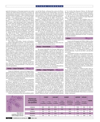 E T A P A             C O M E N T A

parte de Literatura, a Unicamp manteve seu estilo              cas de São Paulo, a Vunesp faz a prova de Portu-              nº 19; trecho dos Ensaios Céticos, de Bertrand
clássico de cobrar leitura de jornais e revistas. Os           guês mais simples. É um exame longo, com muito                Russel, questões nº 20 a nº 23; A criança que pen-
examinadores costumam exigir conhecimento de                   texto e muita explicação, mas de certa maneira é              sa em fadas, poema de Alberto Caeiro, questões
peculiaridades da língua – o que é estilisticamente            auto-instrutivo. E as respostas exigidas costumam               nº 24 e nº 25; as cinco últimas questões, nº 26
correto, o que é interessante, o que causa ambi-               ser bem menores que as de outros vestibulares.                a nº 30, basearam-se em texto de Lygia Fagundes
güidade – e escolheram, para base das questões:                     O tema da Redação de 2008, “É preciso ser                Telles, “Que se chama solidão”.
1 – uma tira de “Níquel Náusea”, da “Folha de S.               famoso?”, também alicerçado em ótimos textos,                      O tema da Redação, “Os cuidados com a in-
Paulo”; 2 – carta de leitor publicada na “Folha                pediu que se refletisse sobre um assunto atual – a            fância de hoje para um mundo melhor no futuro”,
de S. Paulo”, após declaração sobre a legalização              busca da fama. A coletânea que compôs o tema                  ofereceu aos candidatos quatro textos como base e
do aborto feita por Sérgio Cabral, governador do               reuniu: fragmento de conferência de Olavo Bilac               acompanhou o tema de toda a prova de Língua Por-
Rio; 3 – texto de campanha publicitária de um                  sobre a obra do poeta Bocage; fragmento de entre-             tuguesa – a infância e os problemas que atingem as
provedor de Internet; 4 – versos do poema “Um                  vista do ator Pedro Cardoso à revista “IstoéGente”;           crianças hoje. Levando os textos em consideração,
chamado João”, de Carlos Drummond de Andrade,                  fragmento de crônica de Carlos Drummond de                    apresentou-se um vasto campo a ser abordado,
em homenagem póstuma a João Guimarães Rosa                     Andrade; fragmento de fala do velho do Restelo,               desde cuidados pré-natais até assistência médica
(publicado no “Correio da Manhã”, em 1967);                    do canto IV de Os lusíadas, de Luís de Camões.                à criança, passando pela importância da família
5 – texto extraído de artigo jornalístico publicado                 Ao levar em consideração o cenário mun-                  e da educação e escola para os pequeninos. Na
na “Folha de S. Paulo” comparando duas notí-                   dial, o candidato deveria dissertar sobre a busca             relação de causa e efeito entre presente e futuro,
cias: de um lado, o caso entre o senador Renan                 desenfreada pela notoriedade e pelos privilégios              o tema fez lembrar Machado de Assis: “O menino
Calheiros e a jornalista Mônica Veloso; de outro,              conferidos àqueles que são tidos como “vips” no               é o pai do homem”.
o artigo em que o apresentador de TV Luciano                   campo das artes, das ciências, da educação, da
Huck expressava sua indignação contra o roubo                  política etc. Pode-se dizer, em última análise, que             UFSCar
de seu relógio Rolex.                                          o tema leva à reflexão sobre um outro aspecto da
     Das obras indicadas, foram utilizados:                    futilidade da alma humana: a vaidade.                             A prova de Português da UFSCar 2008 oscilou
1 – poema “Passagem da Noite”, de Carlos Drum-                      Tema atual e bem escolhido. E, mais uma vez,             entre o básico e o complexo. Os 10 testes apresen-
mond de Andrade, no livro A rosa do povo, que                  no conjunto, uma excelente prova.                             taram nível de dificuldade básico e centraram-se
reúne composições escritas na época da 2ª Guerra                                                                             em gramática e interpretação de texto. As cinco
Mundial e da ditadura do Estado Novo no Brasil;                  Vunesp – Humanidades                                        primeiras questões tiveram por base trecho de
2 – passagem de Dom Casmurro, de Machado de                                                                                  texto de Eduardo Giannetti, “Auto-engano”, e as
Assis; 3 – poema O guardador de rebanhos, de Al-                    No exame específico da Vunesp 2008 para a                questões nº 6 a nº 10 basearam-se em texto de
berto Caeiro; 4 – trecho de A cidade e as serras, de           área de Humanidades, a partir de um trecho de                 Cecília Meireles, “A arte de ser feliz”, em Escolha
Eça de Queirós, para comparar a visão do perso-                Os sertões os candidatos deveriam responder, na               seu sonho.
nagem sobre a aldeia a que viaja com a de Alberto              parte de Português, a seis questões de Estilística,               As questões escritas, que mesclaram interpre-
Caeiro na questão anterior; 5 – trecho do capítulo             Gramática e Texto. Não caiu Literatura. Todas as              tação de texto, gramática e literatura, foram tra-
“Contas”, de Vidas secas, de Graciliano Ramos;                 questões eram básicas, claras, sem margem para                balhosas, com alguns itens complexos. Uma parte
6 – trecho de capítulo “Empenhos”, de Memórias                 dúvidas, e contaram, inclusive, com explicações               de complexidade alta pedia uma comparação, no
de um sargento de milícias, de Manuel Antonio de               da banca examinadora. O trabalho consistia em                 tocante à composição de poesia, entre Vinicius
Almeida. Notou-se a ausência de Sagarana.                      ler com atenção as questões e remeter-se ao texto             de Moraes (Para Viver um Grande Amor) e Carlos
     Houve uma retomada de questões de gramá-                  para chegar às respostas. Ainda assim, essa prova             Drummond de Drummond (Procura da poesia). As
tica, que não caíram no ano anterior. Neste ano,               foi um pouco mais difícil que a de Língua Portu-              possibilidades estilísticas de Guimarães Rosa fo-
duas questões, correspondendo a 17% da prova,                  guesa, feita por todos os candidatos.                         ram exploradas em Grande Sertão: Veredas. Padre
eram de gramática.                                                  Uma questão, a nº 23, era interdisciplinar,              Vieira, que andava desaparecido dos vestibulares,
                                                               cobrava um conhecimento de história.                          compareceu em quatro itens.
  Vunesp – Língua Portuguesa                                                                                                     O tema da Redação voltou-se para uma re-
                                                                 Unifesp – Língua Portuguesa                                 flexão sobre as causas e as conseqüências da glo-
     Como já é habitual, a prova de Língua Portu-                                                                            balização em um ponto específico: a busca pela
guesa da Vunesp teve por base de suas 10 questões                  Essencialmente baseada em texto, a prova de               beleza estereotipada, mesmo que isso signifique
textos muitos bem escolhidos e exigiu do candi-                Português da Unifesp 2008 circulou em torno do                mutilação ou a perda de traços da personalidade.
dato, sobretudo, compreensão. Os conhecimentos                 tema “infância” e contou com questões simples                 O tema “globalização” foi enfocado sob diferentes
de gramática e de literatura nas questões da prova             e bem formuladas. É um exame extenso, com 30                  aspectos em quatro textos, extraídos de revistas e
não passaram do nível elementar.                               questões. Mas extensão não implica dificuldade:               jornais de São Paulo, que serviram de base para a
     Os textos utilizados foram: para as questões              o exame é simples, chega até a ser rápido e, com              redação. As causas parecem óbvias: a busca pela
nº 1 a nº 3, Crônica da vida que passa, de Fernan-             certeza, é o mais abrangente: além de Texto, cobra            perfeição, ou seja, aproximar-se de um modelo
do Pessoa; questões nº 4 a nº 7, soneto de Cruz                Gramática, Semântica, Literatura e Estilística.               considerado ideal. Não se poupam esforços: olhos,
e Sousa e trecho de carta de Mário de Andrade a                    Os textos selecionados para a prova foram: A              pele, testa, boca, altura etc., tudo pode estar à dis-
Manuel Bandeira; questões nº 8 a nº 10, fragmento              casa das ilusões perdidas, de Moacyr Scliar, base             posição das mãos habilidosas de cirurgiões plás-
de um poema de Alberto de Oliveira e tira de Adão              para as questões nº 4 a nº 8; trecho da Bíblia,               ticos. Mas a conseqüência pode ser nefasta, não
Iturrusgarai, em que o personagem monologa: “Eu                questões nº 9 e nº 10; tira de Calvin, publica-               só pelos riscos da própria cirurgia como também
estava insatisfeito com minha aparência pessoal.               da em “O Estado de S. Paulo”, questões nº 11 a                por acarretar problemas de falta de identidade – a
Então fiz várias plásticas. Agora estou insatisfeito           nº 13; Os filhos da Candinha, de Mário de Andra-              personalidade perde sua característica básica, a
com minha aparência impessoal”.                                de, questões nº 14 a nº 17; charge publicada no               marca da individualidade. Bom tema e, ao mesmo
     Entre os vestibulares das universidades públi-            jornal “Diário da Tarde”, de Minas Gerais, questão            tempo, alarmante.


                                                                              FUVEST             UNICAMP                 VUNESP                 UNIFESP       UFSCAR
                                               Distribuição
                                              de Português                                                       Língua         Especíﬁca p/      Língua                    TODOS
                                                                         1ª fase     2ª fase       2ª fase                                                     Português
                                              nas questões             16 questões 10 questões   12 questões
                                                                                                               Portuguesa       Humanidades     Portuguesa
                                                                                                                                                              18 questões
                                                                                                               10 questões       6 questões     30 questões


                                                Literatura                29%         35%           33%           10%                –             13%           8%          8%
                                                   Texto                  35%         30%           21%           70%               34%            46%           31%         31%
                                                 Estilística              12%         10%           8%             –                33%            7%            8%          8%
                         Veja todas as          Gramática                 12%         20%           17%           20%               33%            17%           34%         34%
             questões resolvidas em
             w w w. e t a p a . c o m . b r     Semântica                 12%          5%           21%            –                 –             17%           19%         19%

  Página 4      TENDÊNCIAS DO VESTIBULAR      137 ABRIL 2008
 