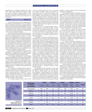 E T A P A             C O M E N T A

republicanas ou mudanças políticas. Em 1930,                “a forte e atual presença de usos e costumes                histórico o sistema fabril à época da Revolução
1937, 1945, 1964. Escolha uma destas e expli-               dos iorubás na Bahia”. Para os estudiosos do                Industrial na Inglaterra).
que porque aconteceu, porque esgotou”. É de                 tema trata-se de um conhecimento básico, mas                     A 2ª questão dissertativa reproduz um texto
um grau de exigência despropositado. Há um                  provavelmente não o seja para um estudante do               de História Geral da África, obra produzida pela
grande descompasso entre o nível da prova e os              Ensino Médio. A presença de usos e costumes dos             ONU. O texto é uma reflexão sobre as possibili-
candidatos.                                                 iorubás na Bahia deve-se à resistência cultural             dades de se escrever a história de uma sociedade
                                                            desses descendentes de africanos islamizados que            oral, que não tem documentos escritos. O item a
  UFSCar                                                    vieram para o Brasil, no contexto do tráfico de             pede ao candidato que “escreva sobre a importân-
                                                            escravos, de um território que hoje corresponde             cia da criação da escrita na diferenciação entre
     A prova de História na UFSCar 2008 apresen-            à Nigéria. Eram oriundos de classe social elevada           sociedade pré-históricas e históricas que esteve
tou elevado grau de exigência, ou seja, de maneira          e de sacerdotes firmemente ligados aos preceitos            presente, durante muito tempo, no pensamento
geral as questões foram de alta complexidade. Ela           religiosos africanos.                                       europeu”. No item b, “a partir das interpretações
destacou-se também pela originalidade na temáti-                 Questão nº 8, sem dificuldades, sobre a                do texto apresentado, escreva por que é possível
ca das questões. Nesse quesito, chamou a atenção            revolta tenentista na década de 1920. O enun-               escrever a história das sociedades orais”.
a condenação a todas as formas de discriminação             ciado refere-se à chamada Revolução de 1924,                     Na 3ª questão, a partir da carta do chefe
e, em outra vertente, o destaque ao caráter multi-          ocorrida em São Paulo no segundo aniversário                índio Seattle ao presidente dos Estados Uni-
cultural das sociedades humanas.                            do levante do Forte de Copacabana (5/7/1922),               dos, que pretendia comprar as terras de sua
     A parte das questões em forma de testes come-          que se tornou marco inicial do Tenentismo, o                tribo em 1855, o candidato deve “identificar
ça com um texto de Tucídides, trecho de História            qual contestava os costumes políticos da Pri-               uma diferença na maneira do chefe índio e dos
da Guerra do Peloponeso, do século V a.C. Ao se             meira República.                                            brancos entenderem a relação entre o homem e
pensar na multiplicidade de carreiras e na diver-                A questão nº 9 torna-se problemática ao es-            a natureza” e “explicar as conseqüências, para
sidade dos candidatos da Universidade Federal de            tabelecer uma única leitura para uma manifesta-             a população indígena dos Estados Unidos, do
São Carlos, verifica-se que é um início complicado          ção artística. Seu enunciado: “Em 1968, o artista           contato com os brancos”.
por exigir, além de conhecimento, hábito de leitu-          plástico Hélio Oiticica, acompanhado por outros                  A 4ª questão reproduz uma gravura que,
ra e um significativo domínio de vocabulário. A             artistas, participou de uma manifestação no Largo           segundo o enunciado, “ilustra diferentes fases
questão seguinte, sobre heresias medievais, é mais          General Osório, em Ipanema, no Rio de Janeiro,              da produção do açúcar no Brasil colonial. Obser-
ou menos clássica. A 3ª questão é uma pergunta              apresentando um estandarte/bandeira com a foto              vando a gravura, o candidato deve identificar as
bastante específica sobre a Revolução Francesa,             de seu amigo morto, que dizia Seja Marginal, Seja           fases da produção açucareira e depois falar sobre
talvez detalhada demais para os candidatos que              Herói. A obra era uma homenagem a um ladrão                 o papel exercido por ela na organização econômi-
acabam de completar o Ensino Médio.                         e traficante do Rio, conhecido como “Cara-de-               ca e social da Colônia”. Na gravura, em primeiro
     Na mencionada condenação às formas de dis-             cavalo”, que foi assassinado violentamente pela             plano, aparece um carro de boi (correspondendo
criminação, a 4ª questão busca a origem do termo            polícia”. A pergunta: “Considerando que a obra              à chegada da matéria-prima, a cana-de-açúcar,
genocídio. O candidato deve saber que está relacio-         expressa um manifesto político, qual seu signi-             ao engenho; nos galpões do terceiro plano en-
nado ao extermínio de judeus pelos nazistas.                ficado naquele contexto histórico?” A resposta              contram-se as moendas (que podiam ser movidas
     A 5ª questão é problemática: “A característica         (alternativa b): “Preito aos marginais em geral,            a tração humana, com animais ou com rodas
do governo neoliberal da primeira-ministra inglesa          que podiam ser tanto ladrões e traficantes, como            d’água), que extraíam o caldo da cana; por fim,
Margaret Thatcher balizou uma época que gerou...”           estudantes, artistas e operários, presos e mortos           no galpão do segundo plano (à direita na gravura)
– e a alternativa dada como correta pelos exami-            pelo regime militar”. Ao longo do regime militar            encontram-se os tachos da casa de purgar, onde o
nadores é a d: “a reação de jovens ingleses, com o          (1964-1985), o governo implementou e ampliou                caldo da cana, depois de passar por processos de
surgimento da banda Sex Pistols em 1975, com forte          mecanismos de repressão à oposição e de censura             fervura, era transformado em açúcar bruto.
vínculo com os movimentos punks”. Esta questão              na imprensa, de certa forma igualando – em seu                   Na última questão os examinadores colocam
supõe que todos os candidatos são aficionados por           discurso e prática – criminosos comuns e dissi-             dois textos, o primeiro destacando o caráter mul-
bandas de rock.                                             dentes políticos.                                           ticultural das sociedades humanas, e o segundo
     Na 6ª questão o candidato devia ter um in-                  As questões escritas começam com um texto              reproduzindo a receita de uma iguaria à base de
comum conhecimento da história do Chile. O                  de Charles Dickens extraído de sua obra Tem-                milho, o curau. O candidato deve dizer como o
enunciado, além de não dar nenhuma pista sobre              pos Difíceis. Muito bonito, mas sem domínio                 argumento do primeiro texto – as culturas estão o
o país, tem um equívoco: o plebiscito a que se              de vocabulário e familiaridade com a literatura             tempo todo emprestando elementos umas das ou-
refere (“El Plebiscito Del No”), em que o general           dificilmente o candidato chegará a uma resposta             tras – pode ser comprovado pela receita de como
Augusto Pinochet foi derrotado, dando início à              satisfatória, identificando o contexto histórico            fazer curau. Questão original, mas nada fácil.
abertura política naquele país, foi realizado em            descrito e, a partir desse reconhecimento, escre-                No conjunto, as questões escritas foram de um
outubro de 1988, e não em 1989.                             vendo sobre os aspectos econômicos e sociais da-            alto grau de complexidade e as respostas exigiam
     A 7ª questão pergunta sobre a que se deve              quele momento (o texto tem como pano de fundo               verdadeiras dissertações.


                                                                                FUVEST            UNICAMP                VUNESP              UNIFESP      UFSCAR
                                               Distribuição
                                                                                                                 Conhec.      Especíﬁca p/    Conhec.
                                               de História                1ª fase     2ª fase       2ª fase
                                                                                                                  Gerais      Humanidades      Gerais
                                                                                                                                                           História    TODOS
                                                                        10 questões 10 questões   12 questões                                            15 questões
                                              nas questões                                                      12 questões   10 questões    15 questões

                                              Contemporânea               26%          20%           17%           26%           10%           20%          45%         24%

                                                  Moderna                 16%            –           8%            8%            15%          13,5%           –         9%

                                                 República                 9%          10%           17%           26%           40%          26,2%         15%         20%

                                                 Monarquia                 9%          20%           17%           8%              –           6,7%           –         8%

                                                  Colônia                 16%          10%           25%           8%            30%          13,5%         15%         15%

                                                  América                 25%          20%           17%           8%              –           6,7%         15%         13%
                        Veja todas as
             questões resolvidas em               Medieval                  –          10%            –            8%              –           6,7%         5%          4%
             w w w. et a p a . c o m . b r
                                                   Antiga                  9%          10%           8%            8%             5%           6,7%         5%          8%


  Página 8      TENDÊNCIAS DO VESTIBULAR     137 ABRIL 2008
 
