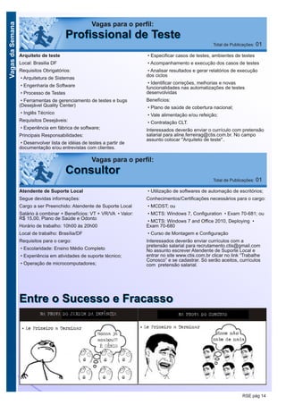 VagasdaSemana
RSE pág 14
Vagas para o perfil:
PPrrooffiissssiioonnaall ddee TTeessttee Total de Publicações: 01
Arquiteto de teste
Local: Brasilia DF
Requisitos Obrigatórios:
• Arquitetura de Sistemas
• Engenharia de Software
• Processo de Testes
• Ferramentas de gerenciamento de testes e bugs
(Desejável Quality Center)
• Inglês Técnico
Requisitos Desejáveis:
• Experiência em fábrica de software;
Principais Responsabilidades:
• Desenvolver lista de idéias de testes a partir de
documentação e/ou entrevistas com clientes.
• Especificar casos de testes, ambientes de testes
• Acompanhamento e execução dos casos de testes
• Analisar resultados e gerar relatórios de execução
dos ciclos
• Identificar correções, melhorias e novas
funcionalidades nas automatizações de testes
desenvolvidas
Benefícios:
• Plano de saúde de cobertura nacional;
• Vale alimentação e/ou refeição;
• Contratação CLT.
Interessados deverão enviar o currículo com pretensão
salarial para aline.ferreirag@ctis.com.br. No campo
assunto colocar "Arquiteto de teste"..
Vagas para o perfil:
CCoonnssuullttoorr Total de Publicações: 01
Atendente de Suporte Local
Segue devidas informações:
Cargo a ser Preenchido: Atendente de Suporte Local
Salário à combinar + Benefícios: VT + VR/VA • Valor:
R$ 15,00, Plano de Saúde e Odonto
Horário de trabalho: 10h00 às 20h00
Local de trabalho: Brasília/DF
Requisitos para o cargo:
• Escolaridade: Ensino Médio Completo
• Experiência em atividades de suporte técnico;
• Operação de microcomputadores;
• Utilização de softwares de automação de escritórios;
Conhecimentos/Certificações necessários para o cargo:
• MCDST; ou
• MCTS: Windows 7, Configuration • Exam 70-681; ou
• MCTS: Windows 7 and Office 2010, Deploying •
Exam 70-680
• Curso de Montagem e Configuração
Interessados deverão enviar currículos com a
pretensão salarial para recrutamento.ctis@gmail.com
No assunto escrever Atendente de Suporte Local e
entrar no site www.ctis.com.br clicar no link “Trabalhe
Conosco” e se cadastrar. Só serão aceitos, currículos
com pretensão salarial.
EEnnttrree oo SSuucceessssoo ee FFrraaccaassssoo
 