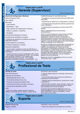 VagasdaSemana
RSE pág 14
Vagas para o perfil:
PPrrooffiissssiioonnaall ddee TTeessttee Total de Publicações: 01
Analista de Teste
Vísent S/A seleciona:
Descrição das Atividades:
• Metodologia Agil (Scrum, XP);
• Ferramentas de Bug-Track (Jira);
• Processo de teste para ambiente Web;
• Conhecimentos básicos em Banco de Dados;
• Ferramenta de Repositório (SVN).
Perfil:
• Atuar com análise, realizar testes de software,
analisar o funcionamento do sistema, realizar testes
funcionais e não funcionais;
• Ciclo de defeitos (abertura, descrição e fechamento
do defeito);
• Ciclo de teste (gerar documentos de evidências e
execução de caso de testes);
• Realizar testes de desempenho, performance, carga
e exploratório;
• Elaborar plano de teste, casos de testes, roteiros de
teste e scripts de testes para ferramentas de testes
automatizadas entre outras atividades.
Currículos para:eduardorocha@visent.com.br ou
thaissantos@visent.com.br Informações: (61) 3031-
2415 / 3031-2425 - Falar com Eduardo ou Thaís.
www.visent.com.brmenos.
Gerente de Configuração e Mudança
Sobre a Empresa: Plano
Tipo: Integral
Descrição :
• Local: Brasília
• Quantidade: 1 vaga
• Vaga: Gerente de Configuração e Mudança
• Salario a combinar + benefícios.
• Atividades:
a) Controle de Mudanças e Versões;
b) Gerência de repositório de projetos;
c) Gerência de repositório de artefatos de software
(Repositório Maven);
d) Criar baselines e workspaces;
e) Planejar integrações e versões
Requisitos Obrigatórios:
• Curso superior completo na área de informática ou
qualquer curso superior com especialização na área de
informática;
• Possuir ao menos uma das certificações JAVA: SCJP
– Sun Certified Java Programmer, SCJD – Sun Certified
Java Developer, SCWCD – Sun Certified Web
Component Developer, SCBCD – Sun Certified
Business Component Developer e/ou SCDJWS – Sun
Certified Developer for Java Web Services;
• Experiência na área de desenvolvimento WEB (JSP),
Java,J2EE;
• Experiência em gerência de configuração e mudança;
• Conhecimentos avançados de sistemas operacionais
Linux e Windows;
• Conhecimentos avançados no servidor web HTTP –
Apache.
Abaixo, explicações para os documentos
comprobatórios:
Todos os cursos deverão ser comprovados mediante
apresentação de certificado original ou cópia
autenticada. Poderá ser aceita a substituição de
certificados desde que seja comprovado que o curso
seja equivalente ou superior, com carga horária igual ou
superior, e que não haverá prejuízo para administração
pública a aceitação de tal profissional.
Deverá ser utilizado para comprovação de experiência
o registro em carteira de trabalho e/ou contrato de
trabalho, acompanhado por: ordens de serviço
executadas, ou declaração da empresa, ou projetos
desenvolvidos, ou notas fiscais de serviços executados
em contratos, desde que compatíveis com o perfil
solicitado. Não serão aceitos como comprovação de
experiência horas referentes a cursos, estágios e
apenas currículo profissional.
Mande seu CV para vagas@plano.inf.br com o título
“Curriculum Vitae – cargo”.
Vagas para o perfil:
GGeerreennttee ((SSuuppeerrvviissoorr)) Total de Publicações: 01
Vagas para o perfil:
SSuuppoorrttee Total de Publicações: 02
Suporte Técnico Op.
Empresa: Mais2X
Atividades a serem exercidas:
• Atuar como operador de produção de servidores
 