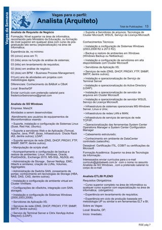 VagasdaSemana
RSE pág 7
Vagas para o perfil:
AAnnaalliissttaa ((AArrqquuiitteettoo)) Total de Publicações: 13
Analista de Requisito de Negócio
Formação: Nível superior na área de informática,
reconhecido pelo Ministério da Educação, ou formação
de nível superior em qualquer área com curso de pós-
graduação lato sensu (especialização) na área de
informática;
Experiência de, no mínimo:
05 (cinco) anos em TI;
03 (três) anos na função de análise de sistemas;
03 (três) em levantamento de requisitos;
02 (dois) em análise de negócio;
02 (dois) em BPM • Business Process Management;
01(um) ano de atividades em projetos com
metodologias ágeis;
Diferenciais: Conhecimento do BABoK e CBoK
Local: Brasília/DF
Enviar currículo com pretensão salarial para:
fredericoribeiroramos@gmail.com
Analista de SO Windows
Empresa: Mais2X
Atividades a serem desenvolvidas:
Atendimento aos usuários de equipamentos de
Microinformática visando:
• Suporte, instalação e configuração de Sistemas Linux
(Suse, Red Hat, Ubuntu);
• Suporte a servidores Web e de Aplicação (Tomcat,
Apache, Java, PHP, Jboss, Infraestrutura Oracle Rack
iAS, dentre outros); LDAP;
• Suporte serviços de rede (DNS, DHCP, PROXY, FTP,
SNMP, SMTP, dentre outros).
• Manipulação de scripts shell.
• Acompanhamento e configuração de backup e
restore de ambientes: Linux, Windows, Oracle,
PostGreSQL, Exchange 2010, MS-SQL, MySQL etc.
• Administração de Storage , Server NetApp, EMC,
Hitachi e similares; criação de LUNs, Volumes,
Aggregates;
• Administração de Switchs SAN, zoneamento de
portas; conhecimento em tecnologias de Storage (HBA,
NAS, DAS, CAS, dentre outros);
• Instalação e configuração de ambiente virtual em
Cluster VmWare;
• Configurações de vSwitchs, integração com SAN,
storages;
• Instalação e configuração de Sistemas Windows
(2000,2003,2008);
• Servidores de Aplicação IIS;
• Serviços de rede (DNS, DHCP, PROXY, FTP, SNMP,
SMTP, dentre outros);
• Serviço de Terminal Server e Citrix XenApp Active
Directory (LDAP);
• Suporte a Servidores de arquivos; Tecnologia de
Cluster Microsoft; WSUS, Serviço de Licença Microsoft.
Conhecimentos Técnicos:
• Instalação e configuração de Sistemas Windows
(2003,2008 R2 e 2013 R2);
• Backup e restore de ambientes em Windows
(Windows Backup ou Netbackup)
• Instalação e configuração de servidoires em alta
disponibilidade com Cluster Microsoft
• Servidores de Aplicação IIS;
• Serviços de rede (DNS, DHCP, PROXY, FTP, SNMP,
SMTP, dentre outros);
• Instalação e operacionalização de Serviço de
Terminal Server
• Instalação e operacionalização do Active Directory
(LDAP);
• Instalação e operacionalização de servidor de
arquivos em Cluster Microsoft
• Instalação e operacionalização de servidor WSUS,
Serviço de Licença Microsoft.
• Infraestrutura de sistemas operacionais MS-Windows
Server, Linux e Unix;
• Infraestrutura de redes LAN e MAN;
• Infraestrutura de serviços de serviços de rede
TCP/IP;
• Operacionalização das ferramentas System Center
Operations Manager e System Center Configuration
Manager
• Cabeamento estruturado;
• Conhecimento em ambiente de DataCenter
controlado (salacofre).
Desejável: Certificação ITIL, COBIT ou certificações da
Microsoft
Formação Acadêmica: Superior na área de Tecnologia
da Informação .
Interessados enviar currículos para o e-mail
curriculo@globalweb.com.br com o nome no assunto
Analista de SO Windows , com a pretensão salarial no
corpo do e-mail
Analista ETL/BI PLENO
Requisitos Obrigatórios:
• Curso superior completo na área de informática ou
qualquer curso superior com especialização na área de
informática; (obrigatório)
• Experiência em levantamento de requisitos;
• Experiência em ciclo de produção baseada em
metodologia UP ou similar e em ferramentas ELT e BI;
Sobre as Vagas:
Local: Brasília, DF;
Início: Imediato;
 