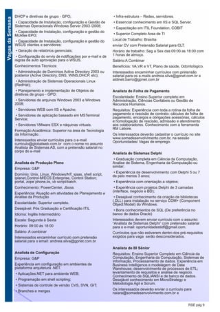 VagasdaSemana
RSE pág 9
DHCP e diretivas de grupo - GPO;
• Capacidade de Instalação, configuração e Gestão de
Sistemas Operacionais Windows Server 2003 /2008;
• Capacidade de Instalação, configuração e gestão do
McAfee EPO;
• Capacidade de Instalação, configuração e gestão do
WSUS clientes e servidores:
• Geração de relatórios gerenciais;
• Configuração do envio de notificações por e-mail e de
regras de auto aprovação para o WSUS.
Conhecimentos Técnicos:
• Administração de Domínios Active Directory 2003 ou
posterior (Aclive Direclory, DNS, WINS,DHCP, etc);
• Administração de Sistemas Operacionais Linux
(RedHat);
• Planejamento e implementação de Objetos de
diretivas de grupo - GPO;
• Servidores de arquivos Windows 2003 e Windows
2008;
• Servidores WEB com IIS e Apache;
• Servidores de aplicação baseado em MSTerminal
Service;
• Servidores VMware ESX e náquinas virtuais.
Formação Acadêmica: Superior na área de Tecnologia
da Informação .
Interessados enviar currículos para o e-mail
curriculo@globalweb.com.br com o nome no assunto
Analista de Sistemas AS, com a pretensão salarial no
corpo do e-mail
Analista de Produção Pleno
Empresa: G&P
Domínio: Unix, Linux, Windows/NT, sjsas, shell script,
iplanet,Control-M/ECS Enterprise, Control Station;
portal, zope´phone,iis, vb script/batch.
Conhecimento: PowerCenter, Jboss
Experiência: Atuação em atividades de Planejamento e
Analise da Produção
Escolaridade: Superior completo.
Desejável: Pós Graduação e Certificação ITIL
Idioma: Inglês Intermediário
Escala: Segunda à Sexta
Horário: 09:00 às 18:00
Salário: A combinar
Interessados encaminhar currículo com pretensão
salarial para o email: andreia.silva@gpnet.com.br
Analista de Configuração
Empresa: G&P
Experiência em configuração em ambientes de
plataforma arquitetura .NET.
• Aplicações.NET para ambiente WEB;
• Programação em shell scripting;
• Sistemas de controle de versão CVS, SVN, GIT;
• Branches e merges
• Infra-estrutura – Redes, servidores.
• Essencial conhecimento em IIS e SQL Server.
• Capacitação em ITIL Foundation, COBIT
• Superior Completo Area de TI
Local de Trabalho: Brasília
enviar CV com Pretensão Salarial para CLT.
Horário de trabalho: Seg a Sex das 09:00 as 18:00 com
1 horas de almoço.
Salário:A Combinar
Benefícios: VA,VR e VT, Plano de saúde, Odontológico.
Interessados encaminhar currículos com pretensão
salarial para os e-mails andreia.silva@gpnet.com.br e
aldineti.barro@gpnet.com.br
Analista de Folha de Pagamento
Escolaridade: Ensino Superior completo em
Administração, Ciências Contábeis ou Gestão de
Recursos Humanos.
Requisitos: Experiência com toda a rotina da folha de
pagamento e rescisão de contrato: cálculos de folha de
pagamento, encargos e obrigações acessórias, cálculos
e homologação de rescisão, admissão e atendimento
aos colaboradores. Conhecimento com a ferramenta
RM Labore.
Os interessados deverão cadastrar o currículo no site
www.somadesenvolvimento.com.br, na sessão
Oportunidades/ Vagas de emprego.
Analista de Sistemas Delphi
• Graduação completa em Ciência da Computação,
Analise de Sistema, Engenharia da Computação ou
similar;
• Experiência de desenvolvimento com Delphi 5 ou 7
de pelo menos 3 anos;
• Experiência com orientação a objetos;
• Experiência com projetos Delphi de 3 camadas
(interface, negócio e BD);
• Desejável conhecimento da criação de bibliotecas
(.DLL) para instalação no serviço COM+ (Component
Object Model) do Windows.
• Bons conhecimentos de SQL (De preferência no
banco de dados Oracle)
Interessados devem enviar currículo com o assunto:
“Analista de Sistemas Delphi” com pretensão salarial
para o e-mail: oportunidadestidf@gmail.com.
Currículos que não estiverem dentro dos pré-requisitos
exigidos para vaga serão desconsiderados.
Analista de BI Sênior
Requisitos: Ensino Superior Completo em Ciência da
Computação, Engenharia da Computação, Sistemas de
Informação, Processamento de dados. Experiência em
Business Intelligence e modelagem de Data
Warehouse; desenvolvimento de processos de ETL;
levantamento de requisitos e análise de negócio.
Conhecimento de SQL/ANSI e de banco de dados.
Desejável conhecimento em MicroStrategy e
Metodologia Ágil e Scrum.
Os interessados deverão enviar o currículo para
naiara@somadesenvolvimento.com.br e
 