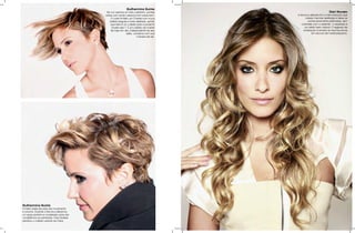 Guilhermina Guinle
                                            na cor usamos um loiro castanho, pontas                                   Dani Novaes
                                           claras com fundo natural e tom sobre tom.       A técnica utilizada foi a marmorização que
                                                o corte foi feito um Chanel com nuca              clareia mechas desfiadas e deixa as
                                               batida irregular e todo desfiado, sendo              pontas levemente platinadas, sem
                                                que este é um cabelo para a próxima           contraste com o restante - o resultado é
                                                novela das 7. É um cabelo da mulher              um efeito bem natural. o segredo da
                                                de hoje em dia, independente do seu             ondulação é enrolar as mechas secas
                                                               estilo, combina com sua                 em escova de metal pequeno.
                                                                         maneira de ser.




Guilhermina Guinle
Foi feito baby liss para dar movimento
e volume. durante a técnica utilizamos
um spray protetor e modelador para dar
consistência ao penteado. para finalizar
penteou o cabelo usando as mãos.
 