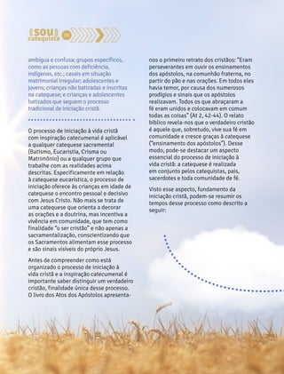 39 
ambígua e confusa; grupos específicos, 
como as pessoas com deficiência, 
indígenas, etc.; casais em situação 
matrimonial irregular; adolescentes e 
jovens; crianças não batizadas e inscritas 
na catequese; e crianças e adolescentes 
batizados que seguem o processo 
tradicional de iniciação cristã. 
O processo de iniciação à vida cristã 
com inspiração catecumenal é aplicável 
a qualquer catequese sacramental 
(Batismo, Eucaristia, Crisma ou 
Matrimônio) ou a qualquer grupo que 
trabalhe com as realidades acima 
descritas. Especificamente em relação 
à catequese eucarística, o processo de 
iniciação oferece às crianças em idade de 
catequese o encontro pessoal e decisivo 
com Jesus Cristo. Não mais se trata de 
uma catequese que orienta a decorar 
as orações e a doutrina, mas incentiva a 
vivência em comunidade, que tem como 
finalidade “o ser cristão” e não apenas a 
sacramentalização, conscientizando que 
os Sacramentos alimentam esse processo 
e são sinais visíveis do próprio Jesus. 
Antes de compreender como está 
organizado o processo de iniciação à 
vida cristã e a inspiração catecumenal é 
importante saber distinguir um verdadeiro 
cristão, finalidade única desse processo. 
O livro dos Atos dos Apóstolos apresenta-nos 
o primeiro retrato dos cristãos: “Eram 
perseverantes em ouvir os ensinamentos 
dos apóstolos, na comunhão fraterna, no 
partir do pão e nas orações. Em todos eles 
havia temor, por causa dos numerosos 
prodígios e sinais que os apóstolos 
realizavam. Todos os que abraçaram a 
fé eram unidos e colocavam em comum 
todas as coisas” (At 2, 42-44). O relato 
bíblico revela-nos que o verdadeiro cristão 
é aquele que, sobretudo, vive sua fé em 
comunidade e cresce graças à catequese 
(“ensinamento dos apóstolos”). Desse 
modo, pode-se destacar um aspecto 
essencial do processo de iniciação à 
vida cristã: a catequese é realizada 
em conjunto pelos catequistas, pais, 
sacerdotes e toda comunidade de fé. 
Visto esse aspecto, fundamento da 
iniciação cristã, podem-se resumir os 
tempos desse processo como descrito a 
seguir: 
 