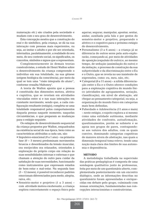 Cândido FF




numeração etc.) são criados pela sociedade e              agarrar, segurar, manipular, apontar, sentar,
mudam com o seu grau de desenvolvimento.                  andar, auxiliada pela fala e por gestos do
    Esta concepção mostra que a construção do             sensório-motor e projetivo, preparando o
real e do simbólico, pela criança, se dá na sua           afetivo e o cognitivo para o próximo estágio
interação com pessoas mais experientes, ou                de desenvolvimento;
seja, ao imitar o adulto e por ele ser orientada,       •  ersonalismo (3 a 6 anos) – a criança já se
                                                          P
internaliza, paulatinamente, a realidade do seu           diferencia de outros seres pela auto-explo-
meio, do seu contexto social, os significados, os         rarão, começando aí, por meio de atividades
conceitos, símbolos e signos que a representam.           de oposição (expulsão do outro) e, ao mesmo
    Complementarmente às demais teorias                   tempo, de sedução (assimilação do outro) e
construtivistas, o estudo de Henri Wallon sobre           da imitação, o processo de construção da sua
o desenvolvimento da criança compreende o                 subjetividade e da discriminação entre o Eu
indivíduo em sua totalidade, na sua gênese                e o Outro, que se revela no uso insistente de
(origem biológica da consciência), por meio da            expressões, como: eu, meu, não, etc;
qual se tem uma “visão integrada do aluno”,             •  ategorial (6 a 11 anos) – a nítida diferencia-
                                                          C
conforme ressalta Mahoney1.                               ção entre o Eu e o Outro oferece condições
    A teoria de Wallon aponta que a pessoa                para a exploração cognitiva do mundo físi-
é constituída das dimensões motora, afetiva               co (atividades de agrupamentos, seriação,
e cognitiva, que se revelam em atividades                 classificação), em nível de abstração, até
vinculadas entre si e nas suas interações em              chegar ao pensamento categorial, ou seja, a
constante movimento, sendo que, a cada con-               organização do mundo físico em categorias
figuração resultante (estágio), completa-se uma           mais bem definidas;
totalidade responsável pelos comportamentos             •  uberdade e Adolescência (11 anos e mais)
                                                          P
daquela pessoa naquele momento, naquelas                  – neste estágio, o sujeito explora a si mesmo
circunstâncias, e que preparam as mudanças                como uma entidade autônoma, mediante
para o estágio seguinte.                                  atividades de confronto, autoafirmação,
    Os estágios de desenvolvimento sequencial             questionamentos, porém se submete e se
da criança propostos por Wallon, enquadrados              apoia nos grupos de pares, contrapondo-
na existência social de sua época, bem como as            se aos valores dos adultos, com os quais
características atribuídas a cada um, são:                convive, dominando categorias cognitivas
•  mpulsivo-emocional (0 a 1 ano) – na primeira
  I                                                       de maiores níveis de abstração, nas quais a
  fase (0 − 3 meses) predominam movimentos                dimensão temporal toma relevo, tendo uma
  bruscos e desordenados da tensão muscular,              noção mais clara dos limites de sua autono-
  ora enrijecidos ora relaxados, orientados à             mia e dependência.
  exploração do próprio corpo em relação às
  suas sensibilidades internas e externas e que             METODO
  chamam a atenção do outro para cuidar da                  A metodologia trabalhada na supervisão
  satisfação de suas necessidades, funcionando          das práticas pedagógicas é composta de uma
  como instrumentos que expressam estados               sondagem qualitativa junto às professoras,
  de bem-estar e mal-estar. Na segunda fase             feita por meio de um questionário aberto, com-
  (3 – 12 meses), é possível reconhecer padrões         plementada posteriormente em um encontro
  emocionais diferenciados para medo, alegria,          dialógico, onde as informações descritas no
  raiva, etc;                                           questionário foram apresentadas e enrique-
•  ensório-motor e projetivo (1 a 3 anos) –
  S                                                     cidas em debate pelo grupo, culminado com
  com atividade motora exuberante, a criança            nossas orientações, fundamentadas nas con-
  explora concretamente o espaço físico pelo            cepções interacionistas e construtivistas.


                                  Rev. Psicopedagogia 2010; 27(83): 262-72

                                                   266
 